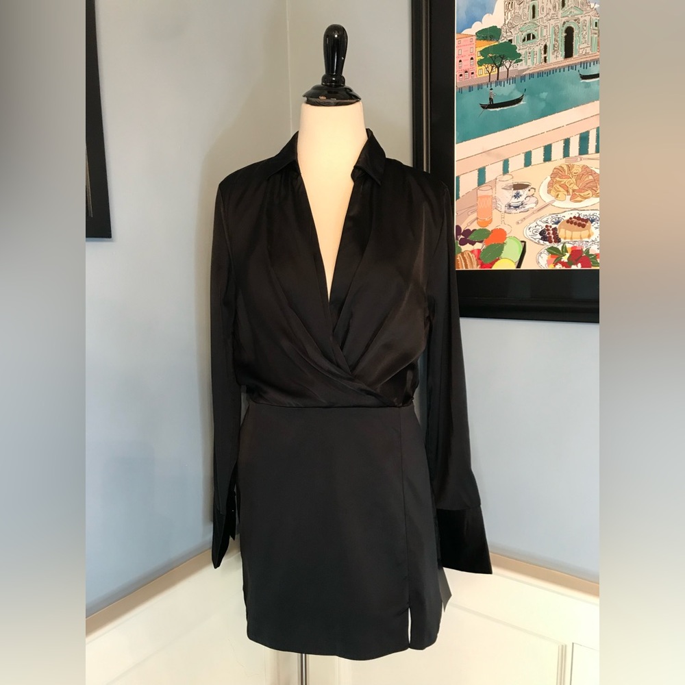 Lulus Sophisticated Effort Black Satin Long Sleeve Collared Romper Sz XL
